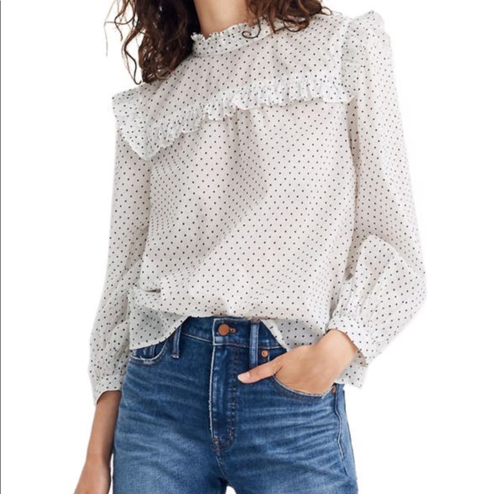 Madewell Mock Neck ruffle long sleeve top in flocked dots